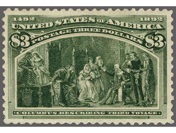 Columbus describing his Third Voyage 3 dollars olive green, very fine mounted mint (graded 80) with 2001 Philatelic Foundatio