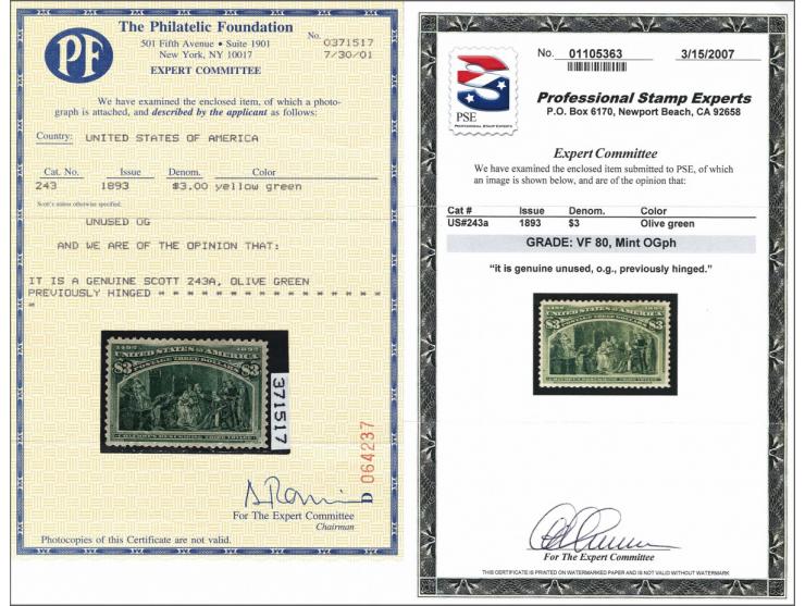 Columbus describing his Third Voyage 3 dollars olive green, very fine mounted mint (graded 80) with 2001 Philatelic Foundatio