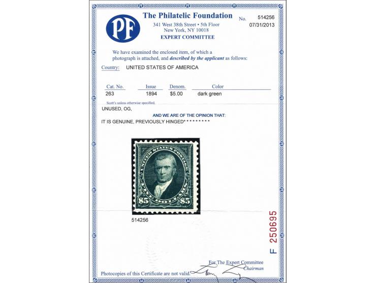 John Marshall 5 dollars dark green, very fine mounted mint with 2013 Philatelic Foundation certificate, cat.v. $ 4000
