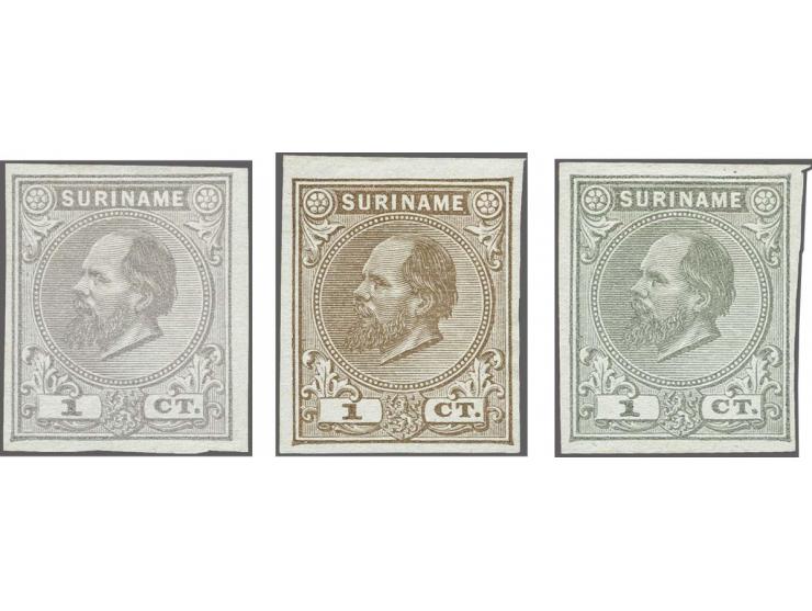 Ongetande Haarlemse kleurproeven Willem III 1 cent t/m 1 gulden compleet (de 40 cent met 6 extra exemplaren), pracht ex.