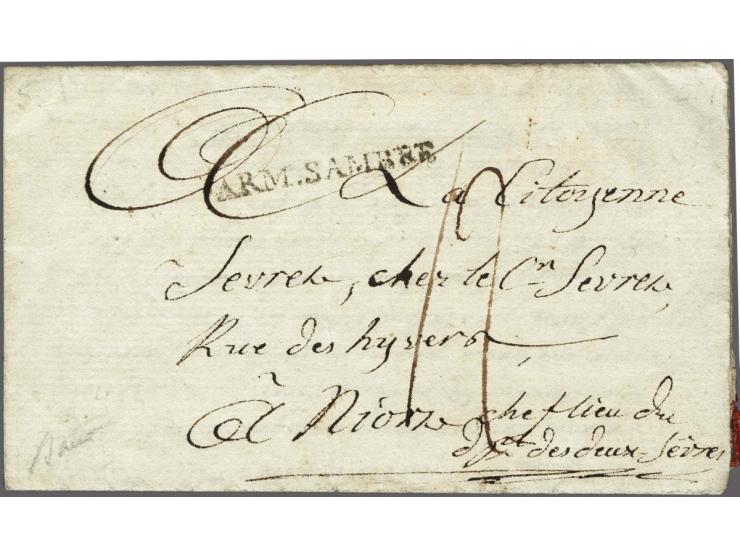 ARM.SAMBRE (not in PEP) in black on letter from Maestricht 19 Nivose an 3 (8 January 1795) to Niort, postage 12 sous, only 2 