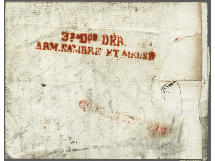 3E. Don DÉB./ ARM.SAMBRE&nbsp;ET&nbsp;MEUSE in red with (faintly) DÉB. ARM. DU&nbsp;NORD (PEP M193) on reverse of a letter fr