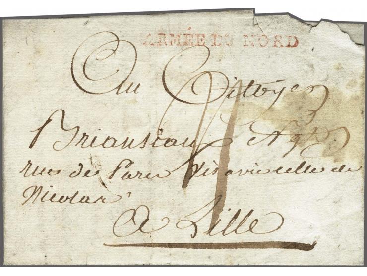 ARMÉE&nbsp;DU&nbsp;NORD&nbsp;in red (50x3½ mm) on letter Tilbourg le 3 pluviose l'an 3 (22 January 1795) to Lille, postage 4 