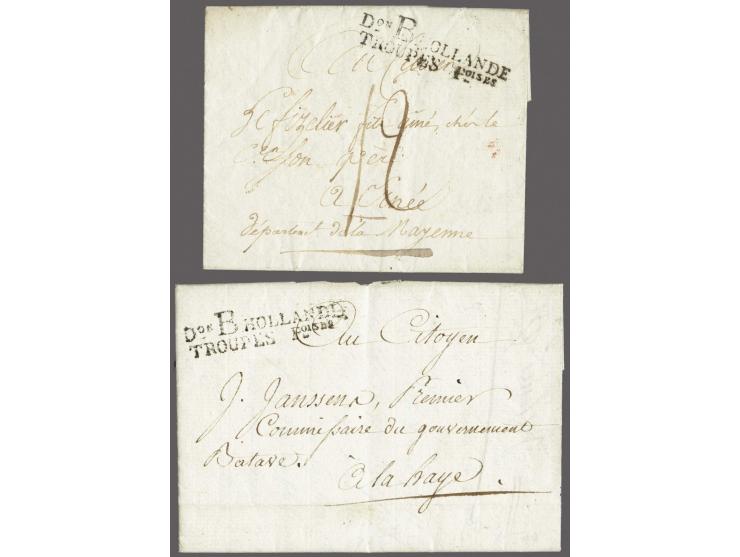 Don B HOLLANDE/ TROUPES&nbsp;Foises (46½x11½ mm) in black on 2 letters, Zierikzee-Ernée 9 February 1798, postage 12 sous and 