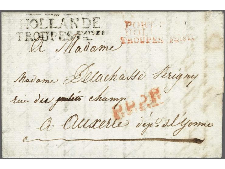 PORT&nbsp;PAYÉ/ HOLLANDE/ TROUPES&nbsp;Foises in red (faint) on front of a letter from Amsterdam le 24 Germinal an 13 (1 apri