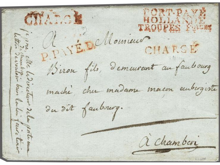 PORT-PAYÉ/ HOLLANDE/ TROUPES&nbsp;Foises in red with 2 registered handstamps CHARGÉ in red on prepaid (red P.PAYÉ.D for doubl