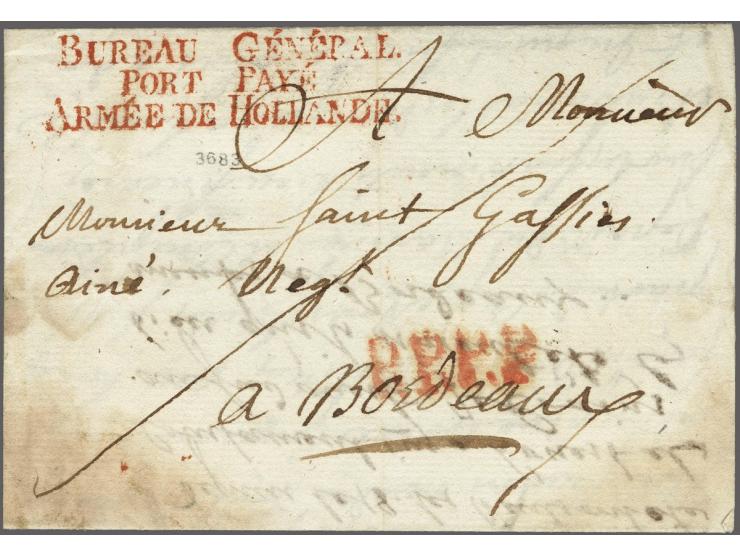 BUREAU&nbsp;GÉNÉRAL./ PORT&nbsp;PAYÉ/ ARMÉE&nbsp;DE&nbsp;HOLLANDE in red on letter from Nimégue le 14 février 1806 to Bordeau