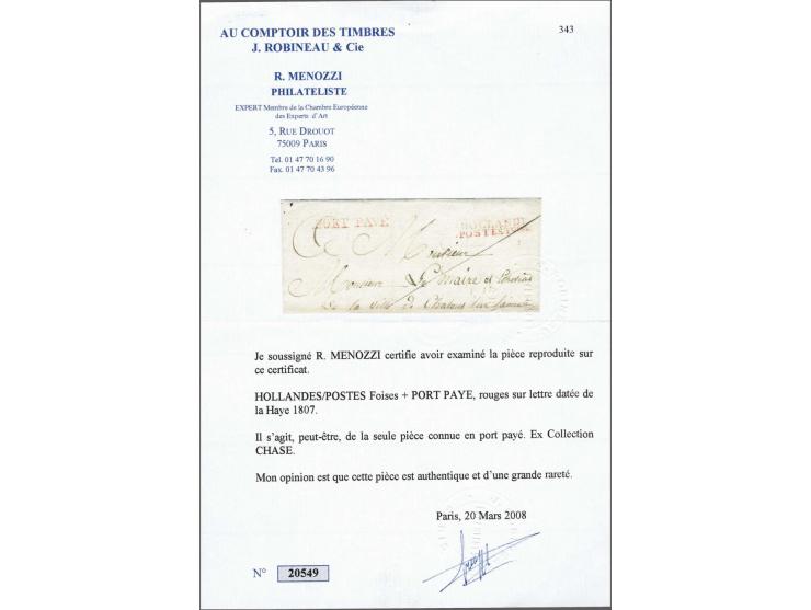 HOLLANDE / POSTES&nbsp;Foises and PORT&nbsp;PAYÉ, both in red on postage free letter from a French entrepeneur at The Hague t