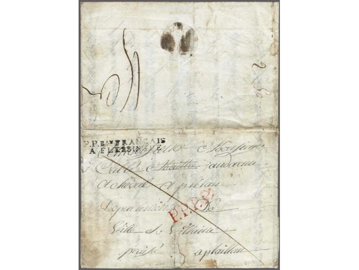 P.P. Bau FRANCAIS/ A&nbsp;FLESSINGUE in black on prepaid letter (special military rate 15 cent.) 8 May 1808 to Paris (control