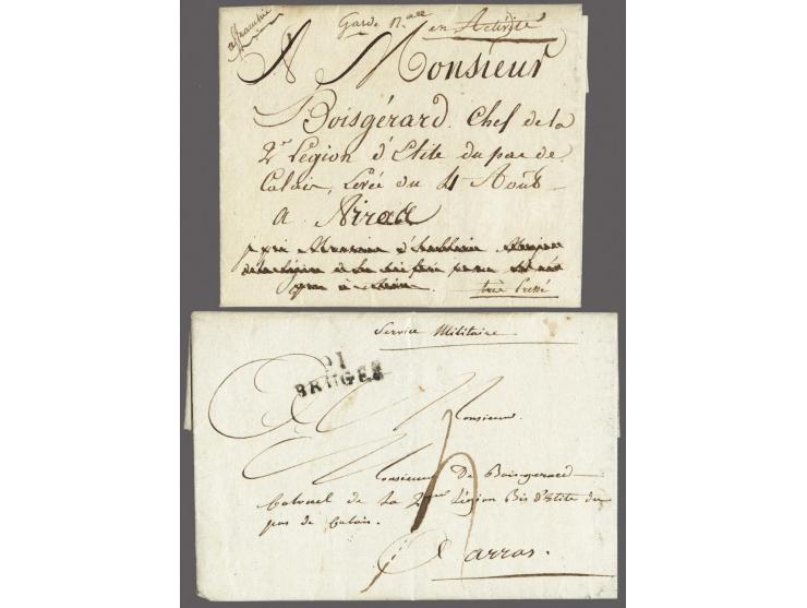 2 letters from Hoofdplaat to Calais and Arras, 26 and 27 September 1809, postage free and postage 4 déc., both concerning Bri