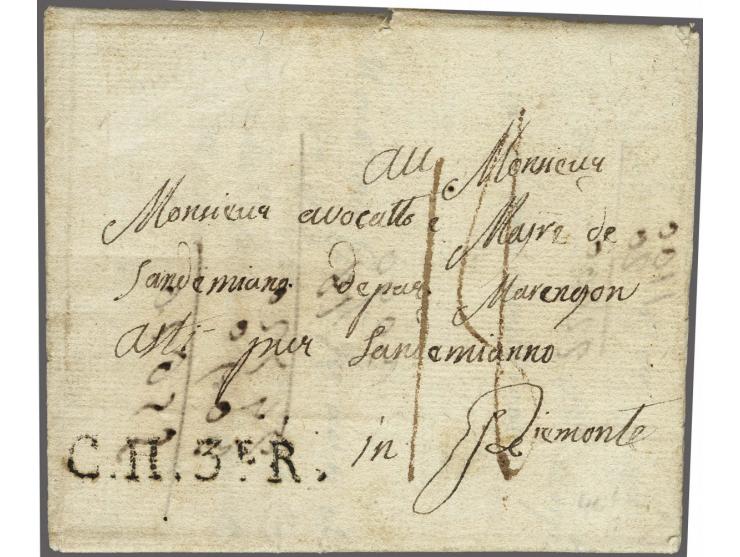 (AMSTERDAM) and C.H.3eR on complete letter to San Damiano dép. Marengon (currently Italy), postage 18 déc., only known letter