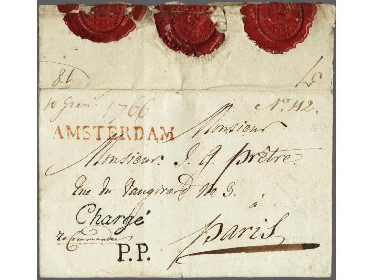 AMSTERDAM&nbsp;and in black treaty handstamps P.P. and Chargé on complete letter to Paris 25 sept.1809, prepaid postage 28 dé