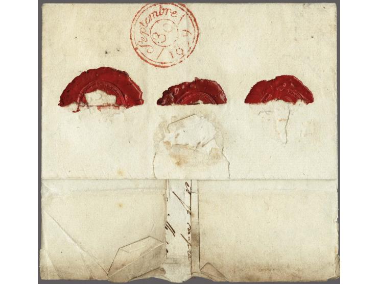 AMSTERDAM&nbsp;and in black treaty handstamps P.P. and Chargé on complete letter to Paris 25 sept.1809, prepaid postage 28 dé