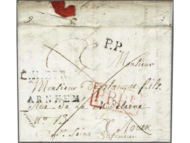 ARNHEM (black) and black treaty handstamps P.P. and C.H.2eR on complete letter to Rouen le 1 Mars 1811, with P.P.P.P. (port p