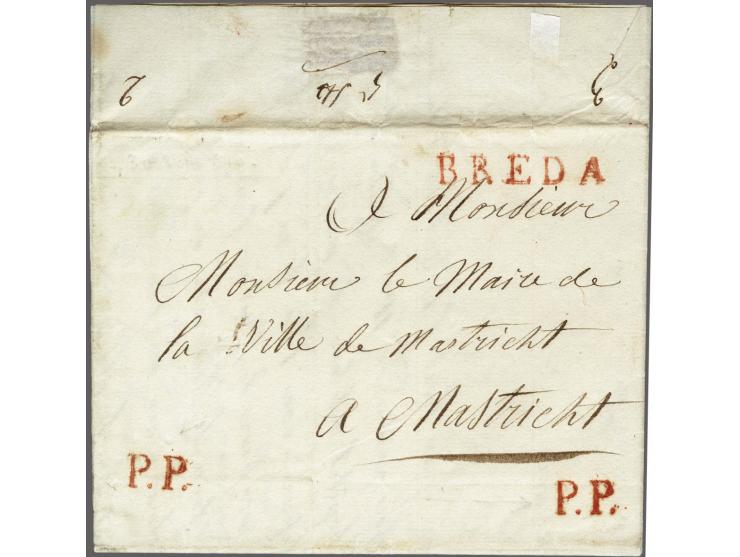 BREDA&nbsp;and P.P. (2x, red) on complete letter to Mastricht 30 aout 1810, prepaid postage 5 st., only 2 letters known in co