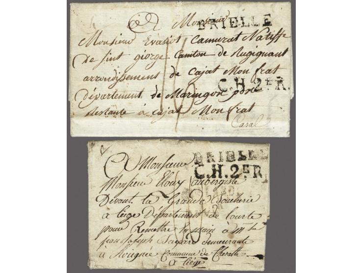 BRIELLE and C.H.2eR., all in black on 2 complete letters, Casale Monfereato (dép. Marengo, now Italy) 8 june en 1810, postage