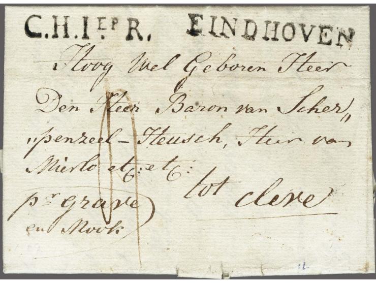 EINDHOVEN and C.H.1eR. both in black (black in PEP unknown) on letter Tongelre 10 8bre 1809 (october) to Cleve, postage 4 déc