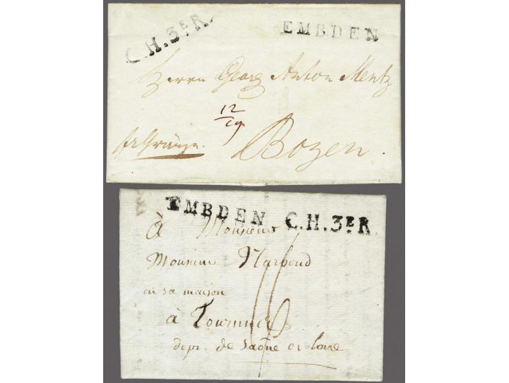 EMBDEN and C.H.3eR. on 2 complete letters to Bozen (Italy) 1 April 1810, written pr Groningen, postage 12/14 and to Tournus 2