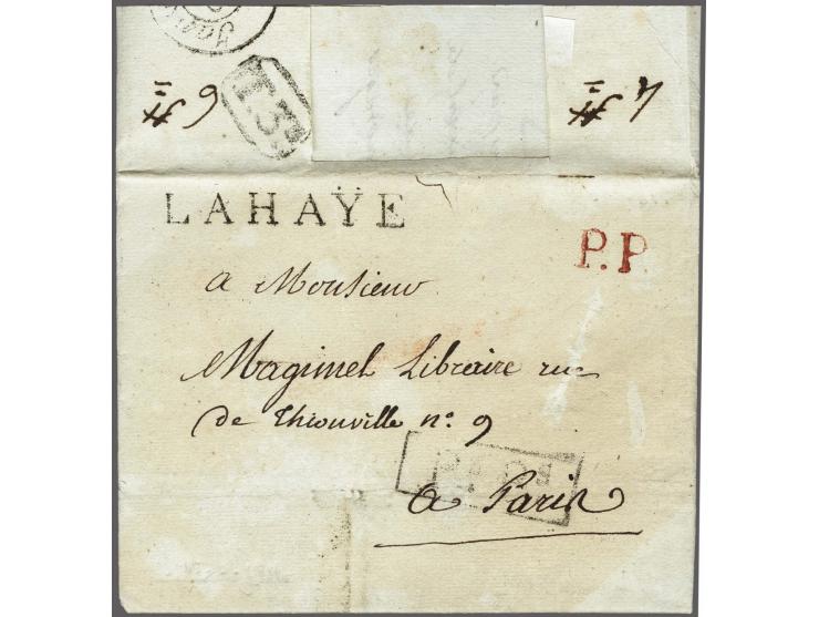 LA&nbsp;HAYE (black) and P.P. (red) on complete letter to Paris, prepaid postage 10 st., only known combination with P.P., ve