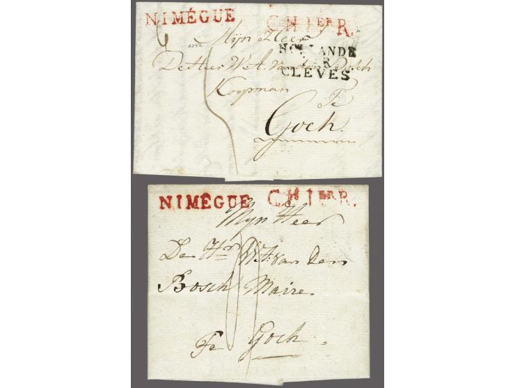 NIMÉGUE and C.H.1eR., both in red on 2 complete letters to Goch, 26 June 1810 with black transit HOLLANDE/ PAR/ CLEVES (ex. c