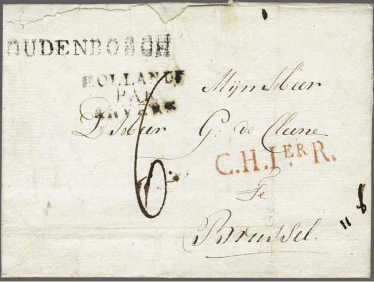 OUDENBOSCH and C.H.1eR (black and red) on complete letter to Brussel 8 sprokkelmaand 1810 (6 febr.1810) transit HOLLANDE / PA