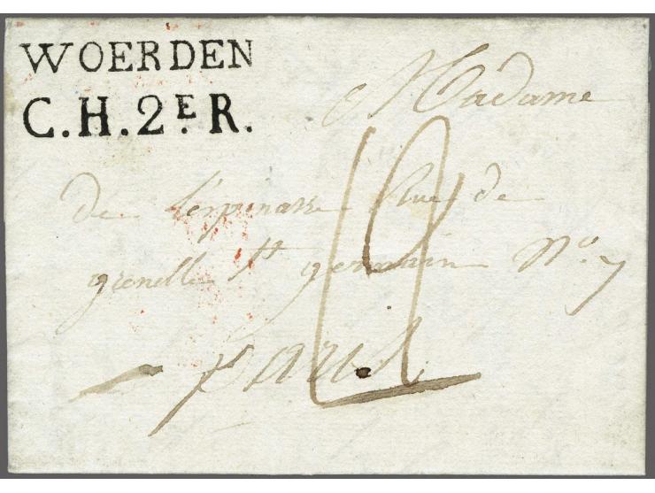 WOERDEN and C.H.2eR. on letter to Paris 28 avril 1810, postage 12 déc., only known letter with combination Rayon mark, extrem