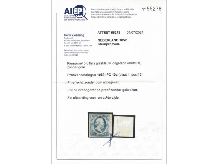 Kleurproef 5 cent plaat III pos. 15 in flets grijsblauw met velrand, pracht ex. zonder gom (zoals uitgegeven) met certificaat