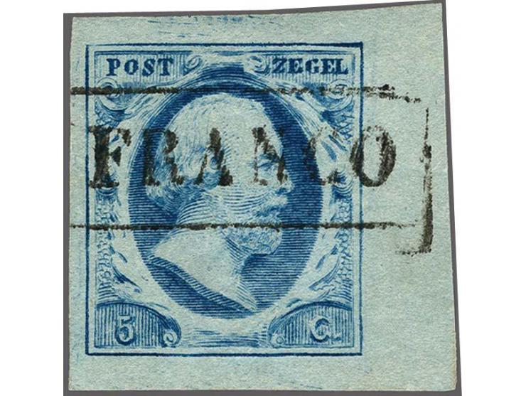 5 cent blauw plaat III pos. 75 met hoekvelrand en franco-kastje stempel (laat gebruik ven deze plaat!), pracht ex.