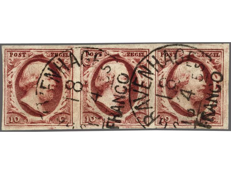 10 cent donkerrood plaat III pos. 38-40 in strip van 3, pracht ex.