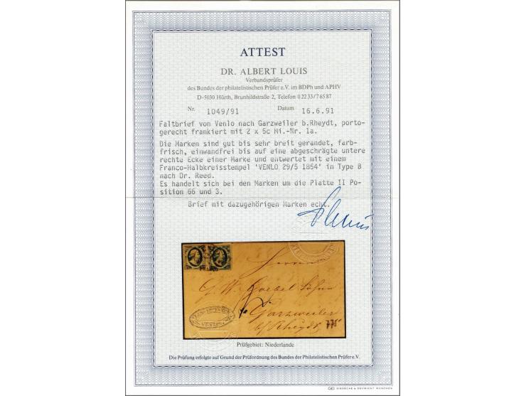 5 cent blauw plaat II pos. 3 en 66 op vouwbrief van Venlo 29-5-1854 via Kaldenkirchen naar Garzweiler (Pruissen), pracht ex. 