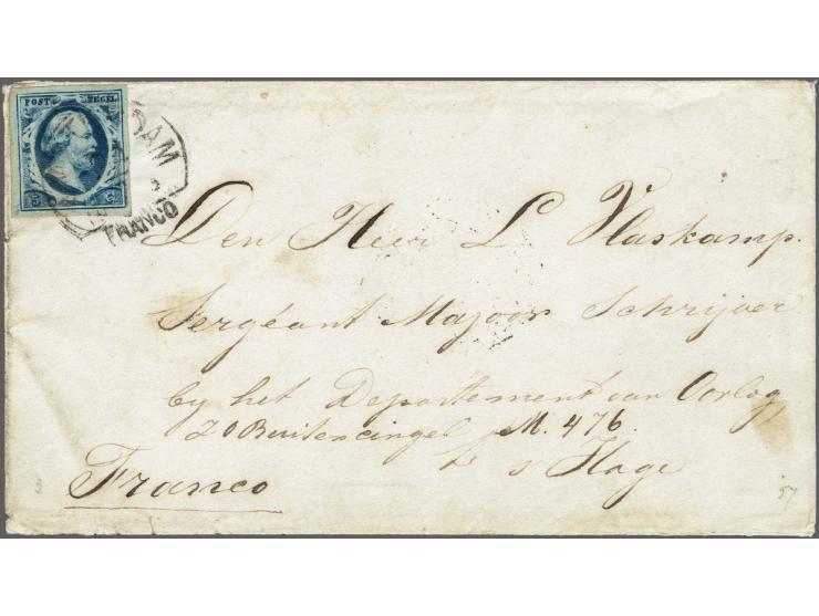 5 cent blauw plaat III pos. 32 op envelop van Amsterdam 23-7-1857 naar Den Haag. Militair tarief!, pracht ex. met certificaat