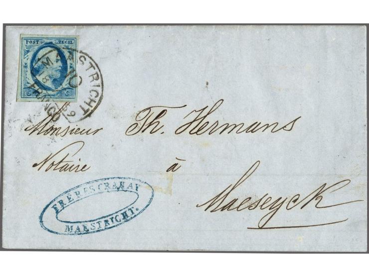 5 cent blauw plaat III pos. 7 op vouwbrief van Maastricht 10-7-1859 via Lanaken naar Maaseik (België). Grenstarief, brief wer