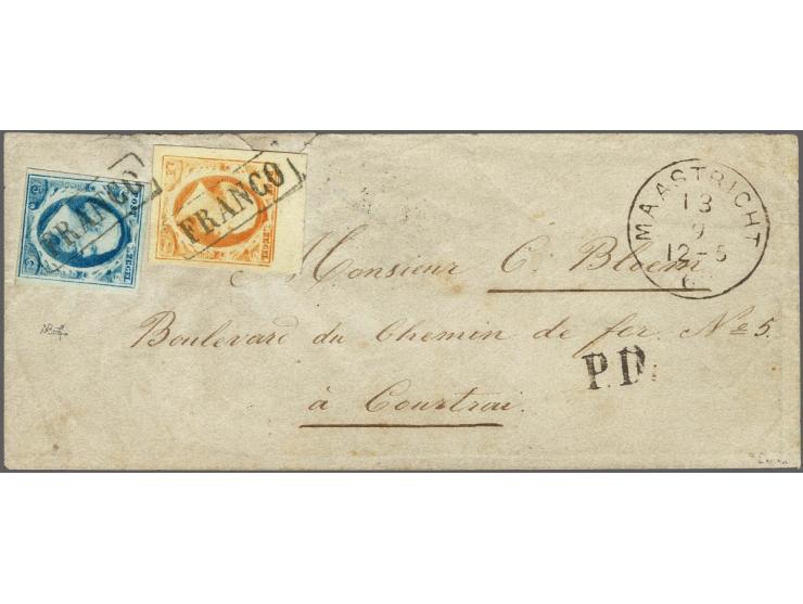 5 cent blauw plaat V pos. 83 en 15 cent oranje pos. 79 met velrand op envelop van Maastricht 13-9-1862 naar Kortrijk (België)