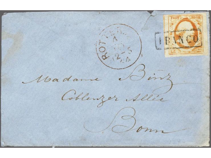 15 cent oranjegeel pos. 59 met deel buurzegel op kleinformaat envelop van Rotterdam 4-10-1864 naar Bonn (Pruissen), pracht ex