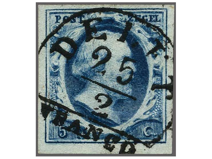 Delft A (Ey 75) op 5 cent diepdonkerblauw plaat I pos. 11, pracht ex. gesigneerd Postma