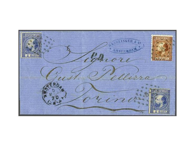 5 cent blauw (2x) en 15 cent oranjebruin op vouwbrief van Amsterdam 5-5-1870 naar Turijn, pracht ex. (verticaal archiefvouwtj