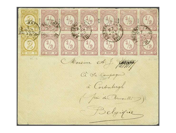 ½ cent roze type I 13½ x 13¼ grote gaten (12x) en 2 cent okergeel 12½ x 12 grote gaten (2x) op envelop van Amsterdam-Antwerpe