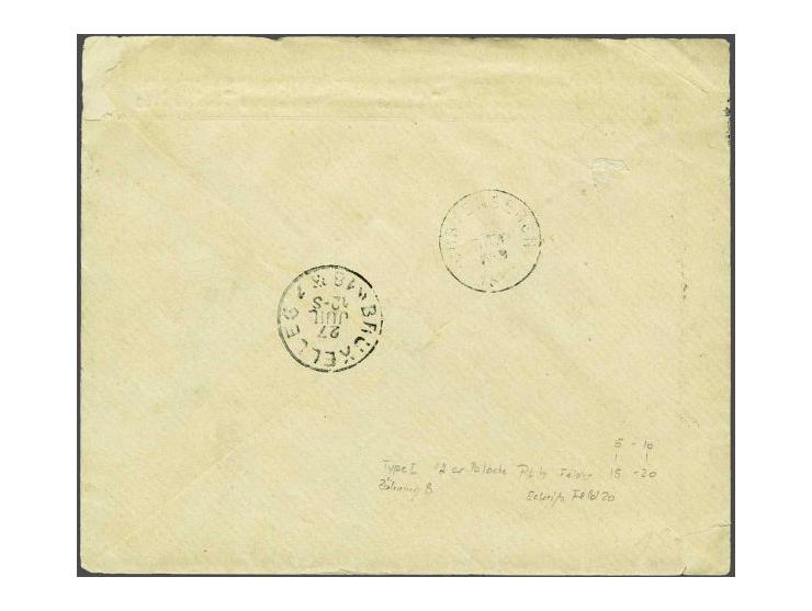 ½ cent roze type I 13½ x 13¼ grote gaten (12x) en 2 cent okergeel 12½ x 12 grote gaten (2x) op envelop van Amsterdam-Antwerpe