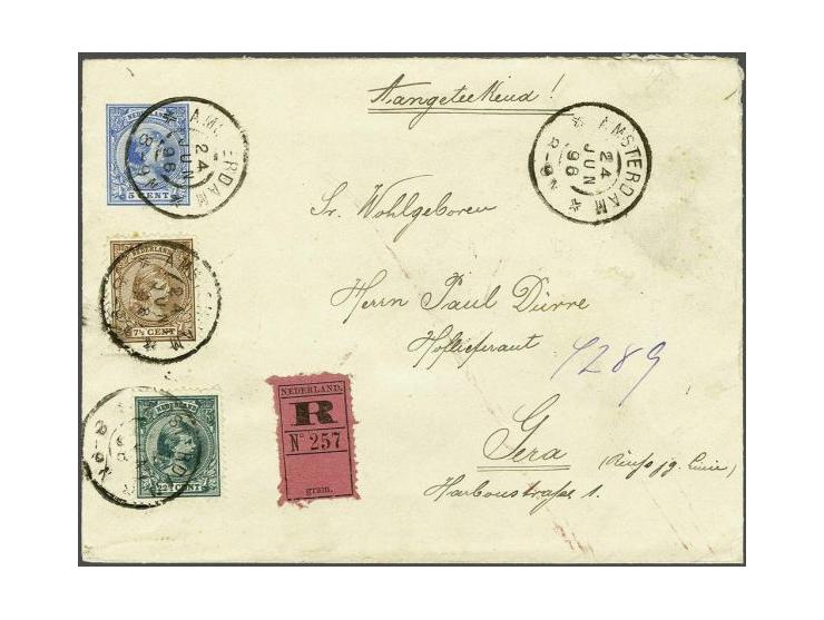 7½ cent bruin en 22½ cent zwartgroen op aangetekende envelop G. 6 van Amsterdam 24-6-1896 naar Gera (D), pracht ex. (nr. 36 g