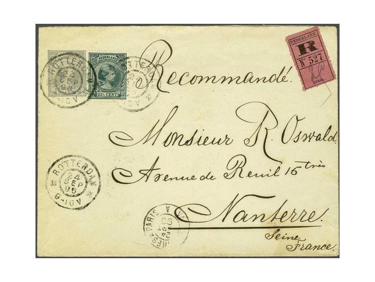 22½ cent zwartgroen op aangetekende 2e gewichtsklasse envelop G. 7 van Rotterdam 24-9-1895 naar Nanterre (F), pracht ex.