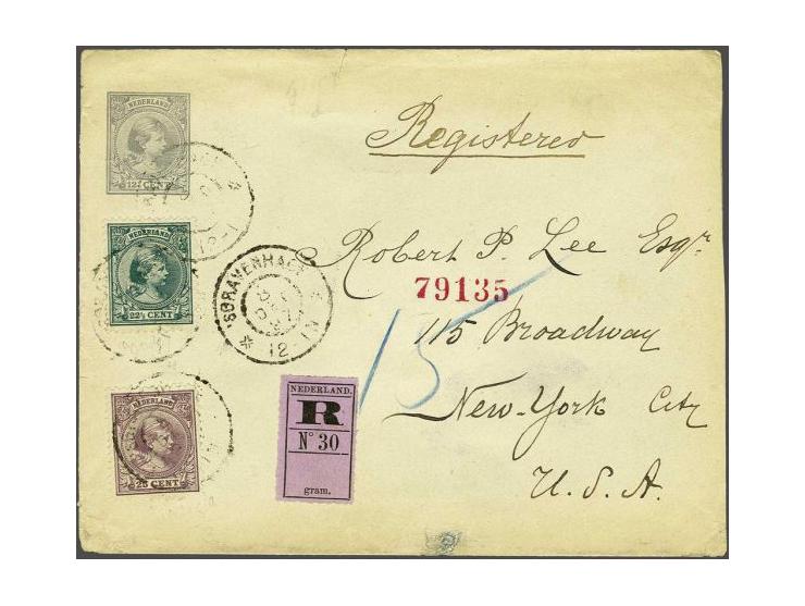 22½ cent zwartgroen en 25 cent lila op aangetekende envelop G. 7 van Den Haag 8-12-1897 naar New York, totaal frankering 60 c