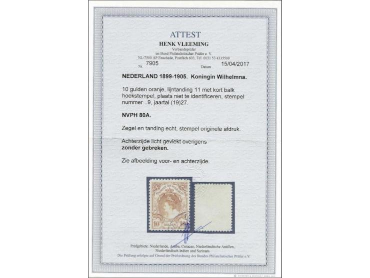 10 gulden oranje, pracht ex. (achterzijde licht gevlekt) met certificaat Vleeming 2017, cat.w. 750