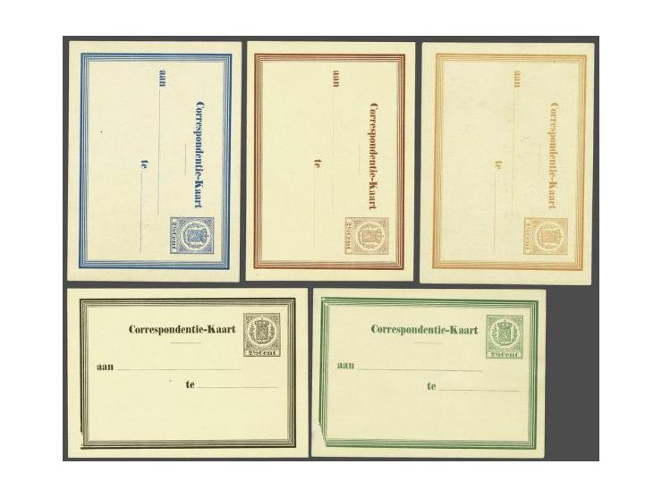 5 proeven Correspondentie-Kaart 2½ cent, vierkant wapen en tekst horizontaal, van der Loo 2 (omranding 5 lijnen), alle type I