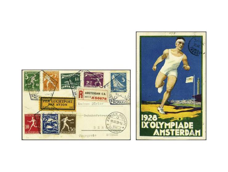 Olympiade Amsterdam 1½ cent t/m 30 cent  met speciaal Olympiade stempel aangetekend verzonden van Amsterdam naar Zwitserland 