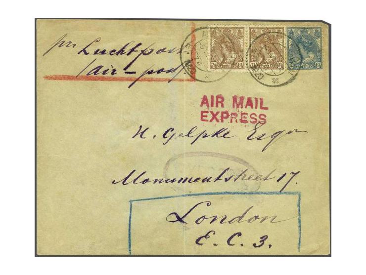 1e proefpostvlucht Amsterdam-London 5.VII. 1920 met 2-regelig rood AIR MAIL/ EXPRESS en violet ovaal EXPRESS met paar 7½ en 1