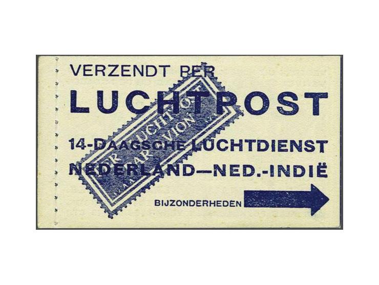 Boekje uit 1930 met 40 donkerblauwe luchtpostetiketten Per Luchtpost Par Avion, links gebonden, luxe ex!