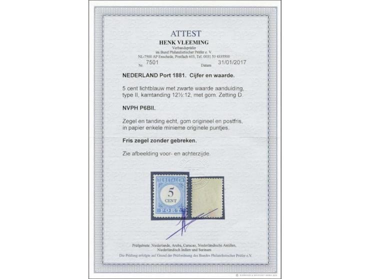 5 cent lichtblauw en zwart tanding 12½ x 12 grote gaten type II met certificaat Vleeming 2017, cat.w. 1350