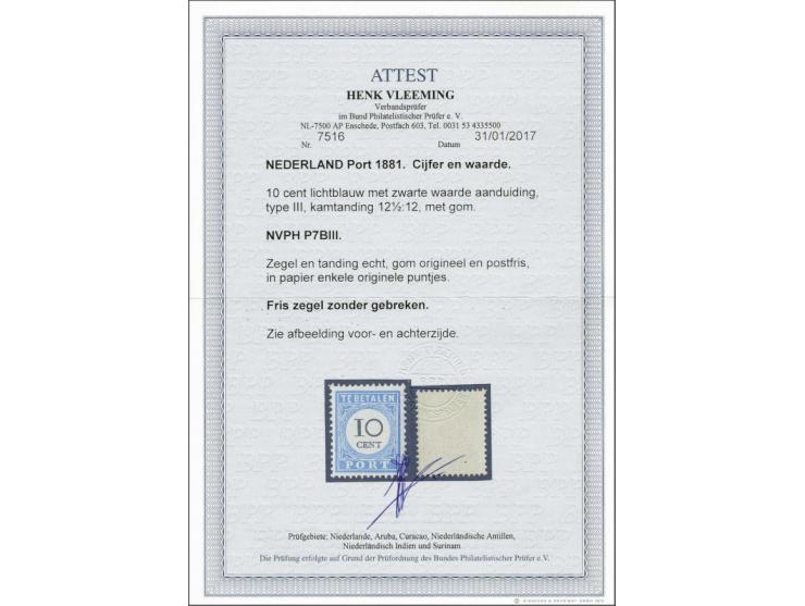 10 cent lichtblauw en zwart tanding 12½ x 12 grote gaten type III met certificaat Vleeming 2017, origineel spikkeltje in gom,