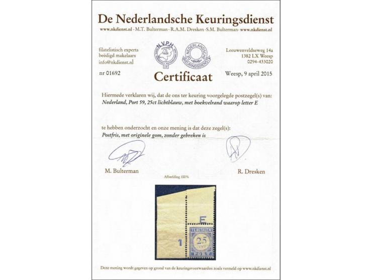 25 cent lichtblauw met hoekvelrand met certificaat NKD 2015, centrering zie foto, cat.w. 475