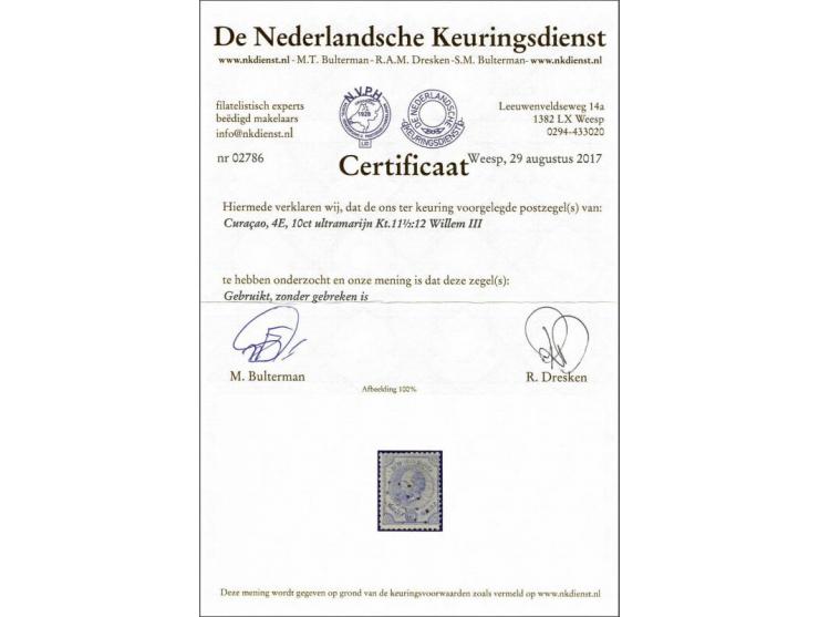 10 cent ultramarijn tanding 11½ x 12, vrijwel pracht ex. (2 minieme schaafplekjes achterzijde) met certificaat NKD 2017, cat.